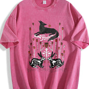 Fantasy Mysterious Floral Fox Skull Rabbit One-piece Vintage Washed T-Shirt in Red