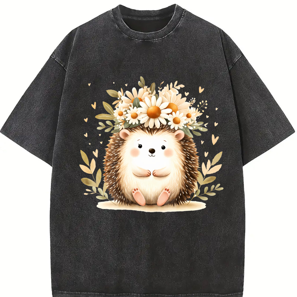 Hedgehog & Daisy Blouse with Cute Hedgehog & Floral Vintage Washed T-Shirt in Black