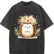 Hedgehog & Daisy Blouse with Cute Hedgehog & Floral Vintage Washed T-Shirt in Black