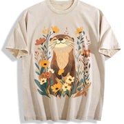 Botanical Otter & Plants Vintage Washed T-Shirt in Beige
