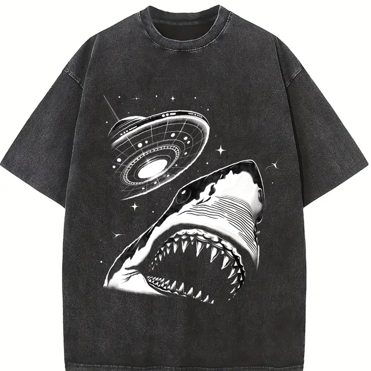 Shark Selfie with Ufo 90s Vintage Washed T-Shirt in Black