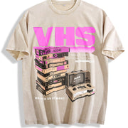 Faded a Fun Retro VHS Tape Vintage Washed T-Shirt in Beige