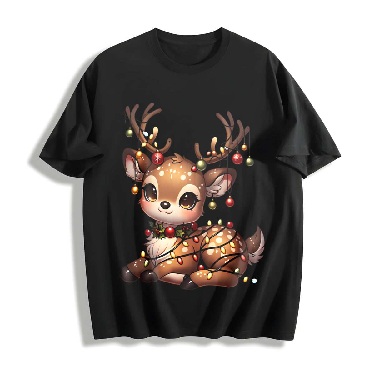 Christmas Reindeer & Deer Cotton T-Shirt in Black