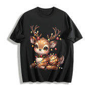 Christmas Reindeer & Deer Cotton T-Shirt in Black