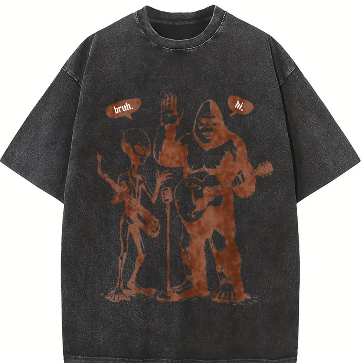 Retro Bigfoot and Alien with Electric Guitar Vintage Washed T-Shirt in Black