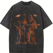 Retro Bigfoot and Alien with Electric Guitar Vintage Washed T-Shirt in Black