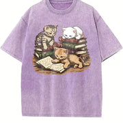 Kittens Reading Books Vintage Washed T-Shirt in Purple