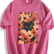 Blockbuster Black Cat and Red Daisy Vintage Washed T-Shirt in Red