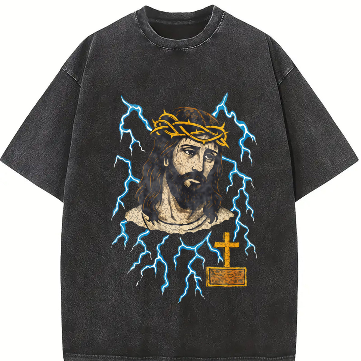 Jesus Lightning 90s Vintage Washed T-Shirt in Black
