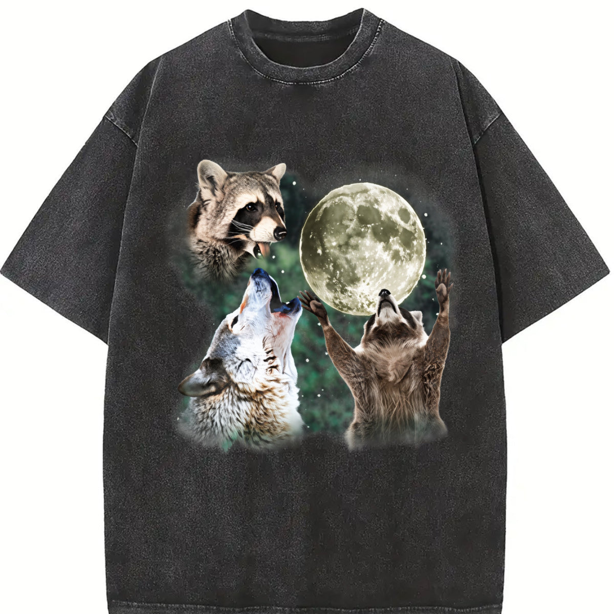 Retro Moon Raccoon and Wolf Retro Wolf Moon Galaxy Vintage Washed T-Shirt in Black
