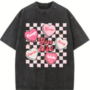 Valentine's Day Loose- Basic Stylish Vintage Washed T-Shirt in Black