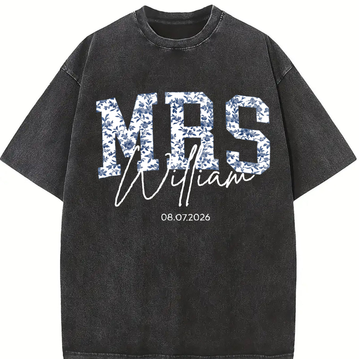 Custom Mrs. Blue Toile Bridal Party Vintage Washed T-Shirt in Black