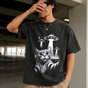 UFO Cat Retro Space Alien Vintage Washed T-Shirt in Black