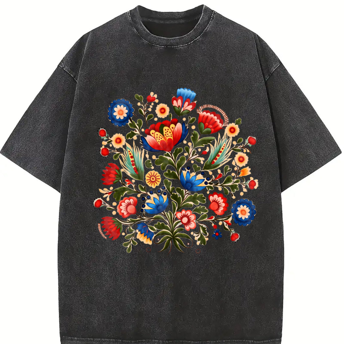 Folk Art Short-sleeve a Bohemian with Faux Embroidered Vintage Washed T-Shirt in Black