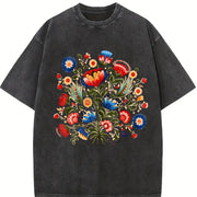 Folk Art Short-sleeve a Bohemian with Faux Embroidered Vintage Washed T-Shirt in Black