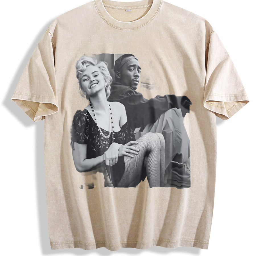 Marilyn Monroe and 2Pac vintage washed oversized T-shirt in Beige