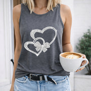 Heart Bow Rhinestones Crew-neck Sleeveless Vest Outdoor Women's Color Cotton Tank Top in Gray