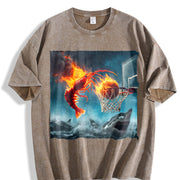 Premium Shrimp Dunking on Shark Fishing Meme Vintage Washed T-Shirt in Brown