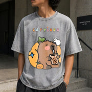Capybara Bubble Tea Vintage Washed T-Shirt in Gray