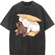 Two Rabbits Lying Blouse for & Vintage Washed T-Shirt in Black
