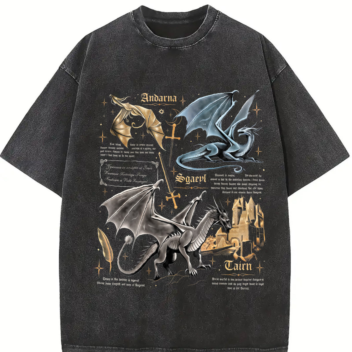 Fourth Wing Dragon Tairn & Andarna Basgiath War College vintage washed oversized T-shirt in Black
