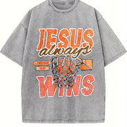 Always Wins Basketball Christian Faith Inspired with Bible Vintage Washed T-Shirt in Gray