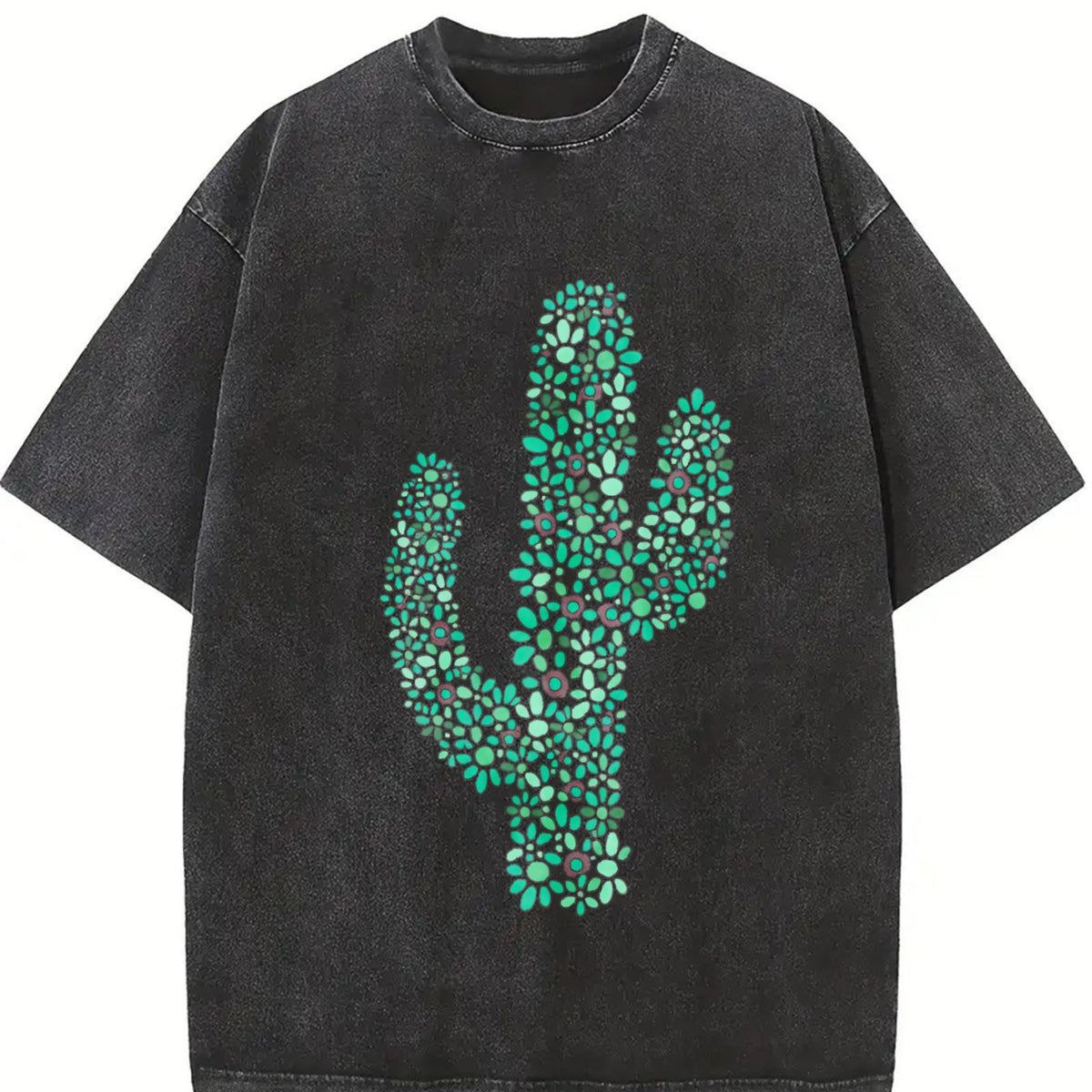 Turquoise Cactus Inspired Western Cowgirl Vintage Washed T-Shirt in Black