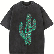 Turquoise Cactus Inspired Western Cowgirl Vintage Washed T-Shirt in Black