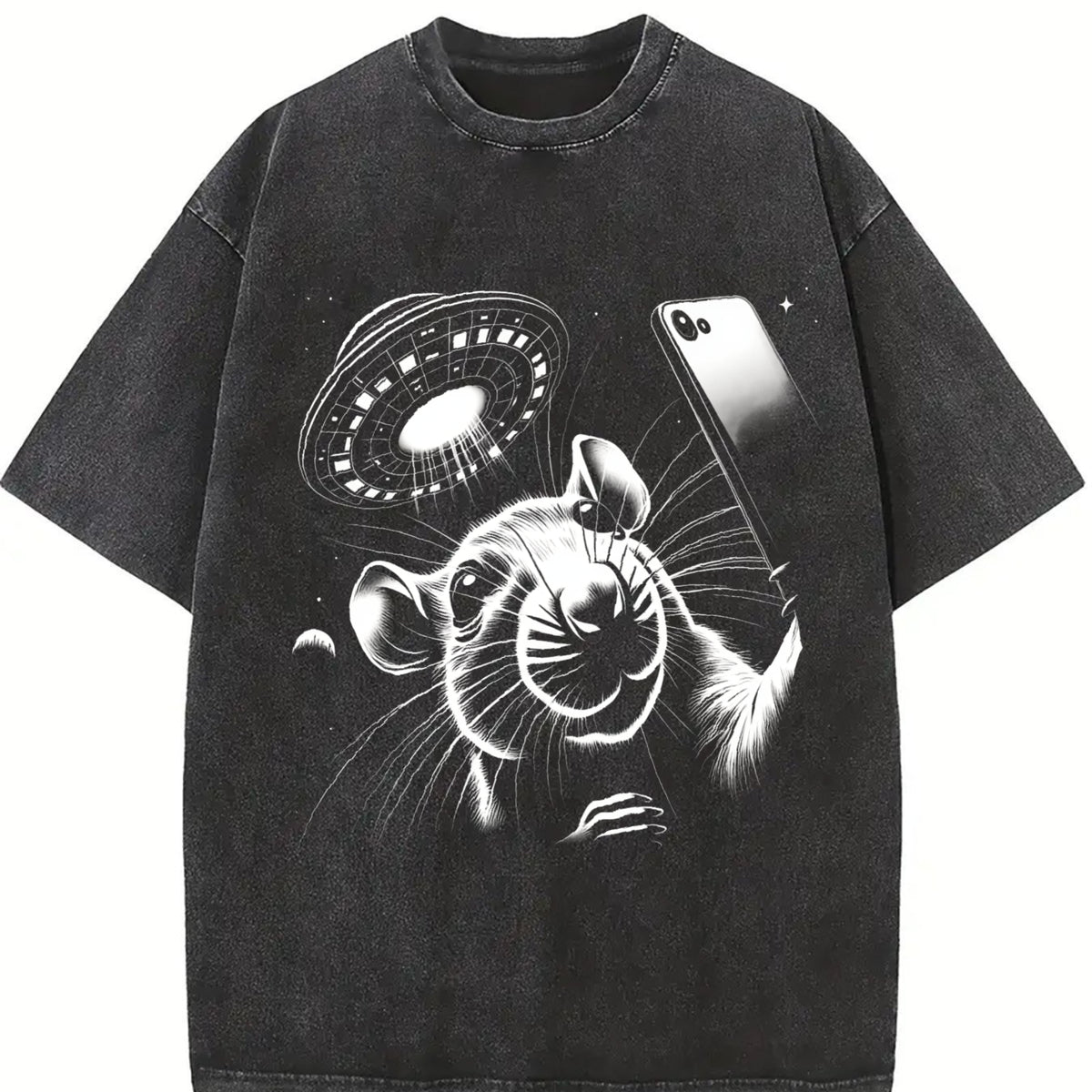 Rat Selfie with Ufo 90s Vintage Washed T-Shirt in Black
