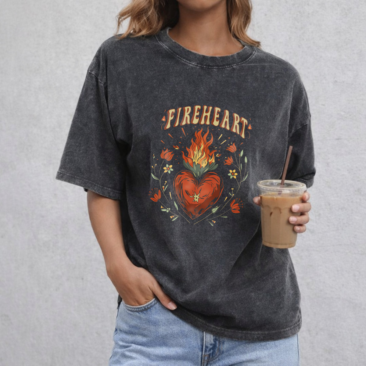 Fire-heart vintage washed oversized T-shirt in Black