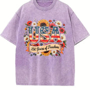 4th of July Patriotic: USA 250th Anniversary Flag Vintage Washed T-Shirt in Purple