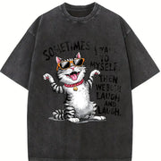 Cat Fashionable Elegant Vintage Washed T-Shirt in Black