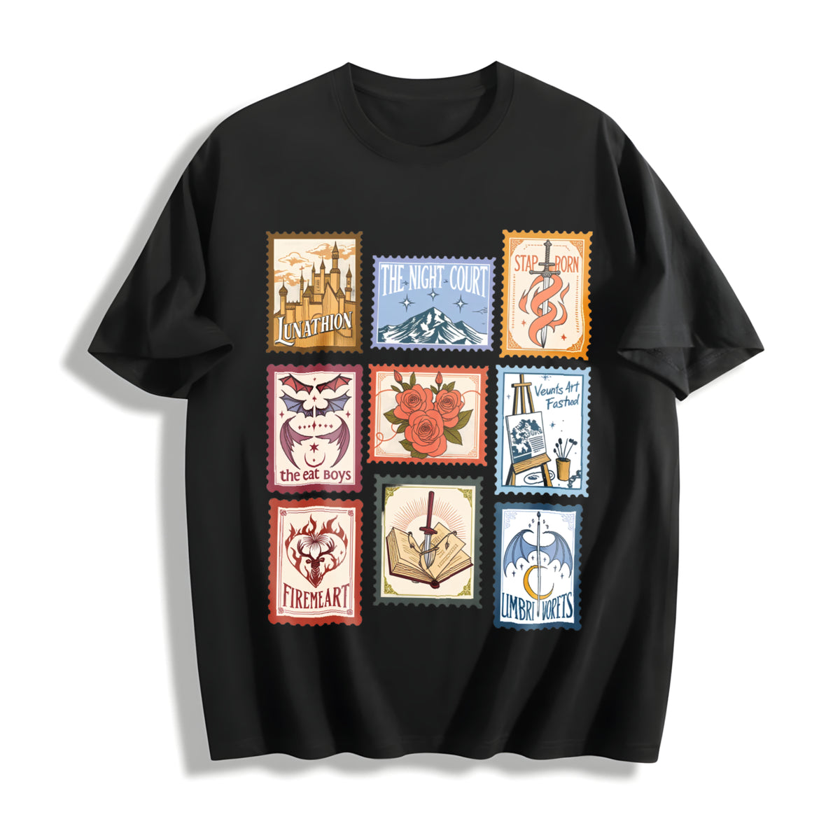 SJM Books Stamp Acotar Tog Crescent City for Bookish Fan Cotton T-Shirt in Black