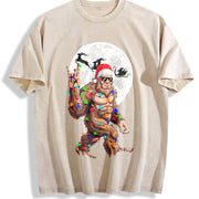 Retro Bigfoot Claus Christmas Vintage Washed T-Shirt in Beige