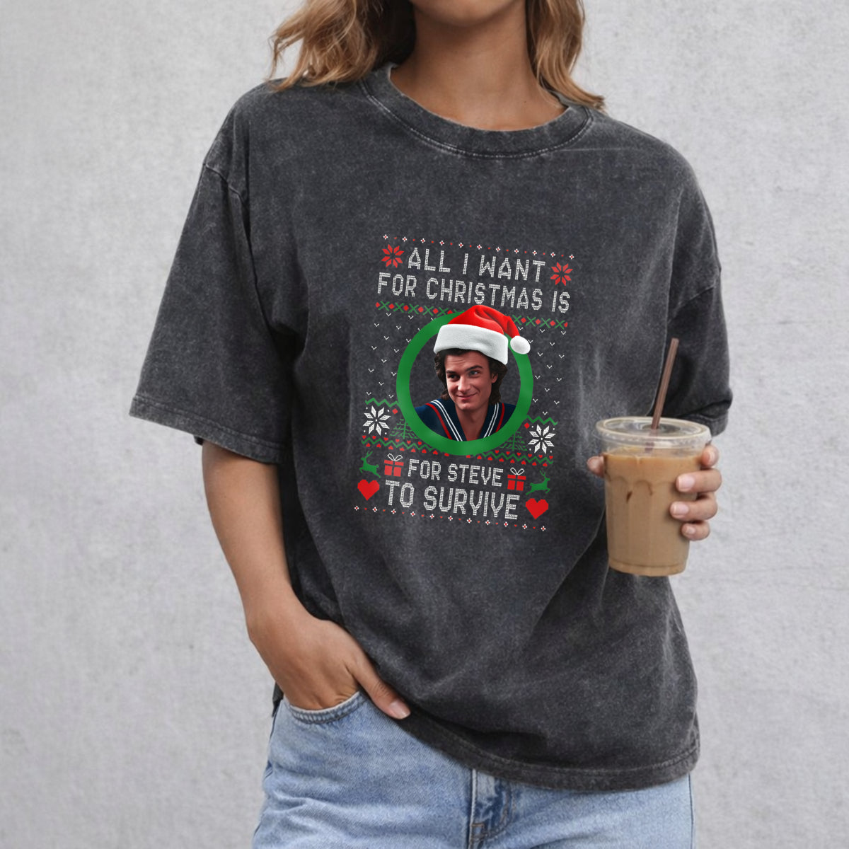 All I Want For Christmas Is For Steve To Survive vintage washed oversized T-shirt in Black