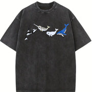 Marine Life Embroidered Vintage Washed T-Shirt in Black