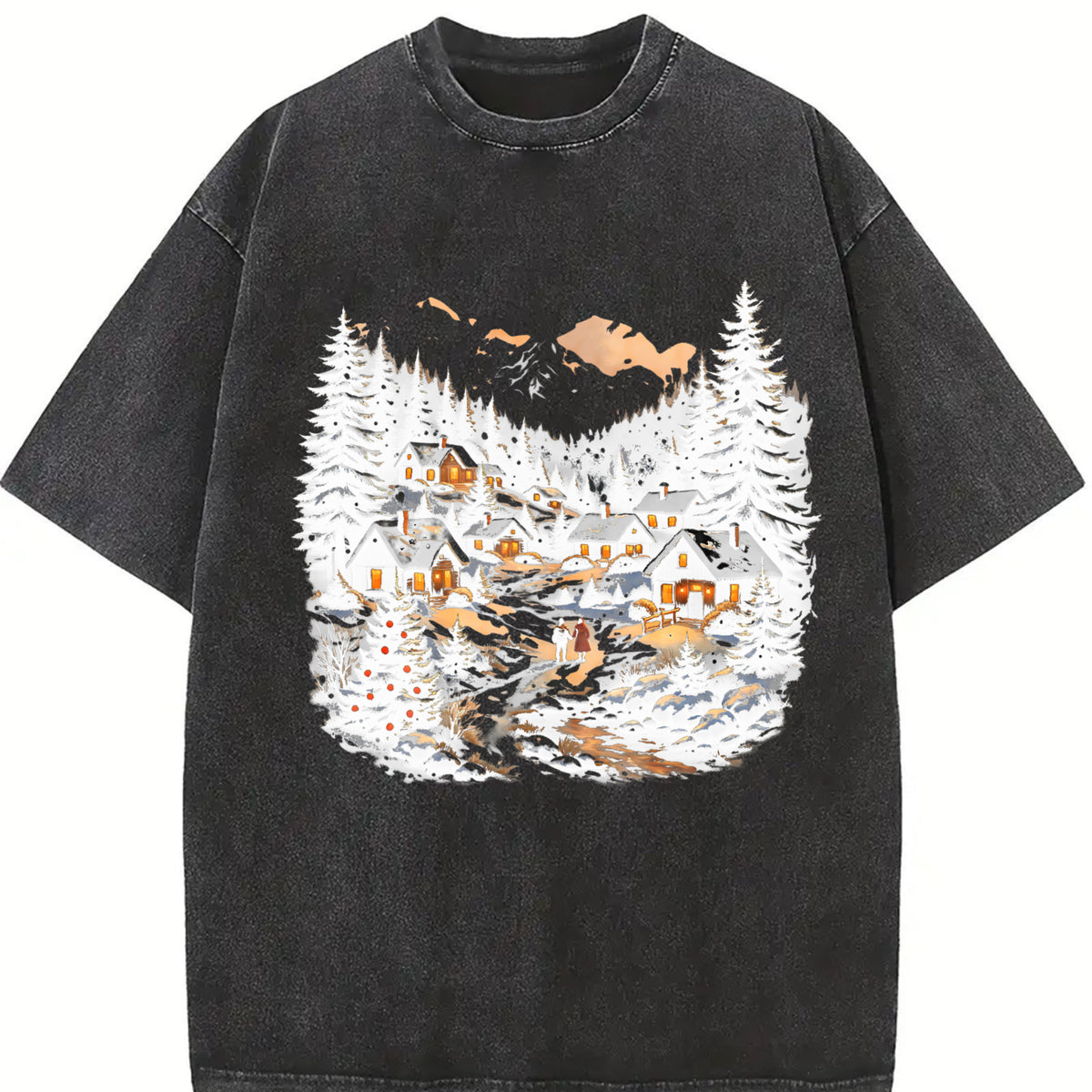 Christmas Winter Village Vintage Washed T-Shirt in Black