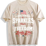 Stars Stripes and Sparkles Freedom Vintage Washed T-Shirt in Beige