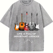 With Music Note & Guitar Lyric Vintage Washed T-Shirt in Gray