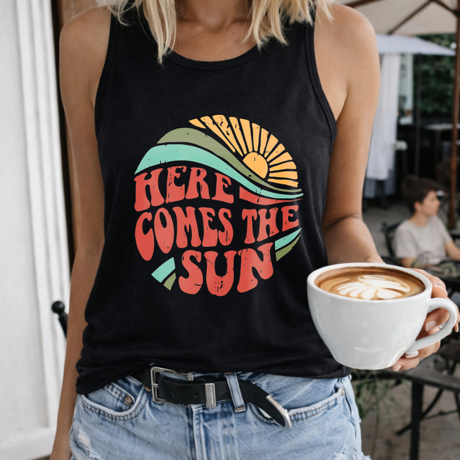 Here Comes the Sun Women's Color Cotton Tank Top in Black