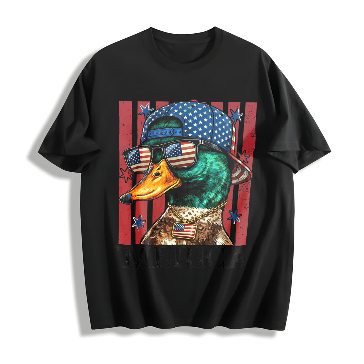 4th of July Mallard Duck Boy PNG Cotton T-Shirt in Black