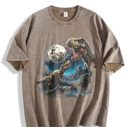 T Rex Moon Retro Dinosaur Prehistoric Vintage Washed T-Shirt in Brown