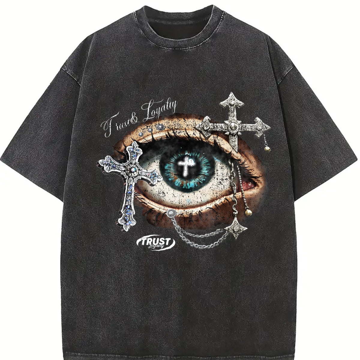 Eye & Cross Gothic Grunge Y2k Emo Scene Amity Affliction Vintage Washed T-Shirt in Black