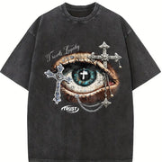 Eye & Cross Gothic Grunge Y2k Emo Scene Amity Affliction Vintage Washed T-Shirt in Black