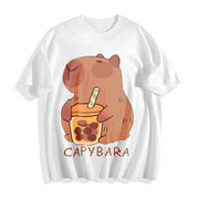 Cute Capybara & Capybara Tea Cotton T-Shirt in White