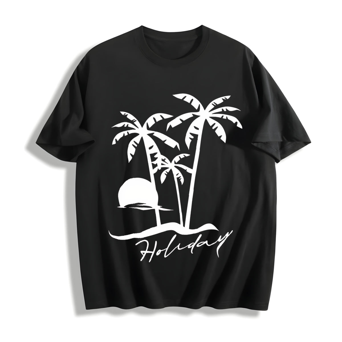 Beach Short-sleeved Sunset Beach for Spring Cotton T-Shirt in Black