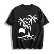 Beach Short-sleeved Sunset Beach for Spring Cotton T-Shirt in Black