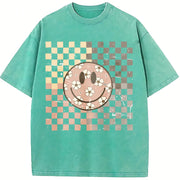 Smiling Flower Checkered Retro Vintage Washed T-Shirt in Blue