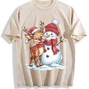 Christmas Autumn Snowman Reindeer Fashionable Elegant Vintage Washed T-Shirt in Beige