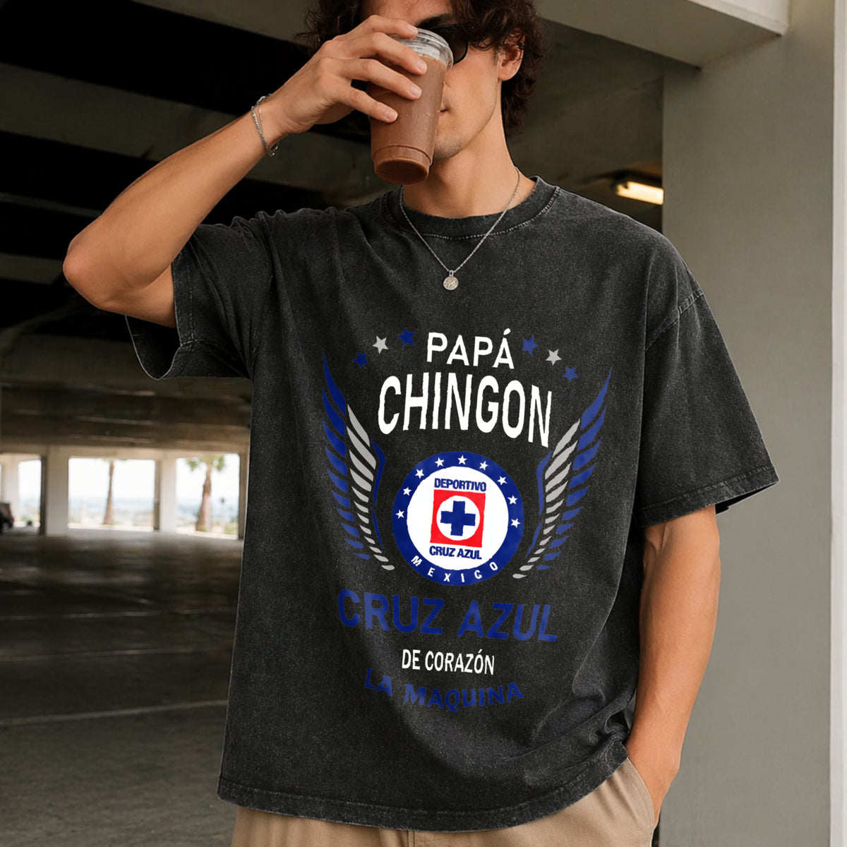Papa Chingon Cruz Azul Soccer Vintage Washed T-Shirt in Black